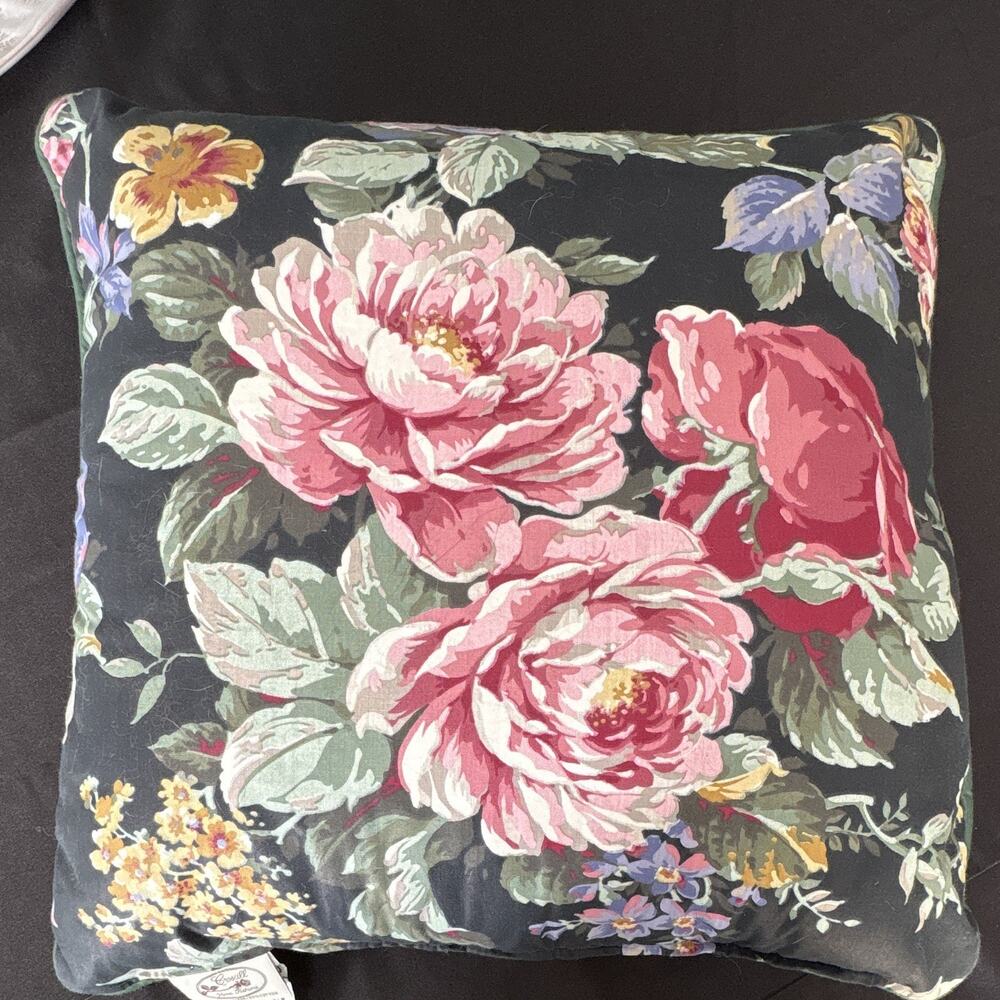 Croscill Floral Square Decorative Throw Pillow 16x16 Black Pink Piped Edges